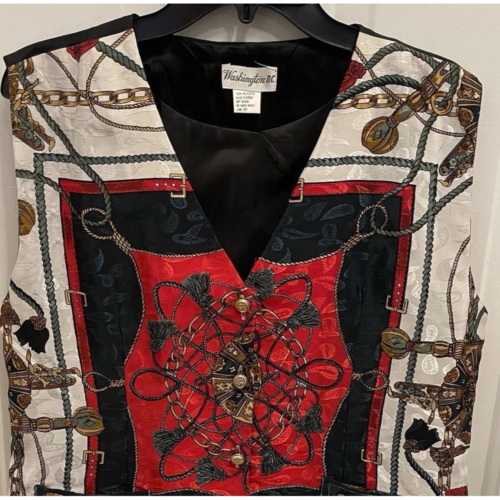 Vintage Equestrian Print Vest Academia Preppy Derby‎ Heritage Gold Button Womens